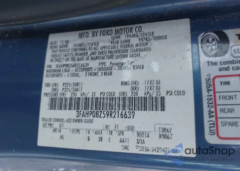 2009 Ford Fusion Sel из США, поврежденный, VIN 3FAHP08Z59R216639